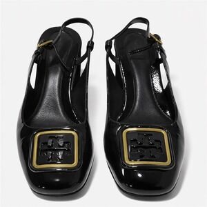 Tory Burch Slingback Pumps Womens 6M Black Good Patent Leather Block Heel Logo